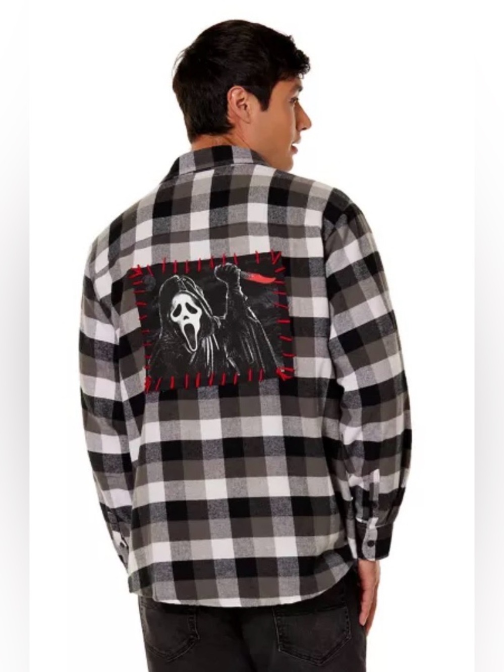 Ghostface Flannel Long Sleeve Shirt Scream Horror Movie Patches Slasher